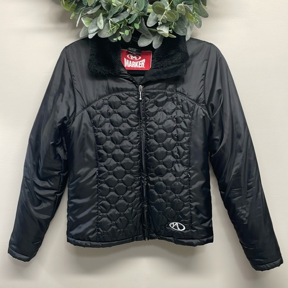 MARKER Black Quilted Jacket with Faux Fur Collar S - Picture 1 of 16